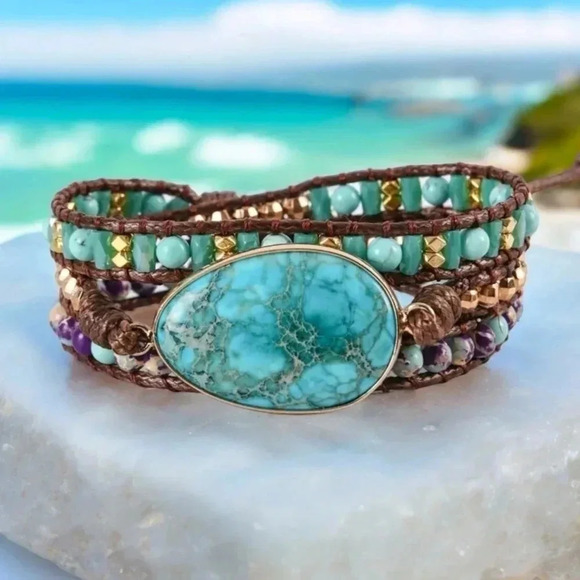 🆕️Handmade Blue Imperial Jasper Wrap Bracelet | Boho Chic Vintage Style 🌸🌊 - Picture 1 of 11